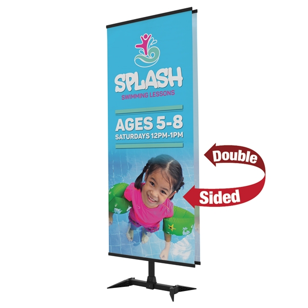 3ft x 7ft Base-X Banner Display Kit - Double-Sided. This banner display makes use of the fold-out feet from our popular FrameWorx line to create a stylish look with a small footprint.