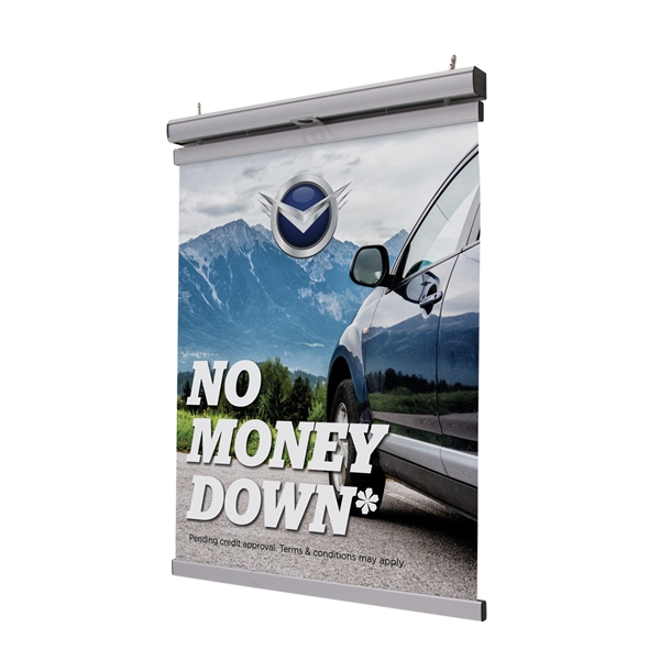 2ft x 2ft Pulldown Hanging Banner Display Kit. Once installed, this display lets you swap out hanging banners without a ladder.