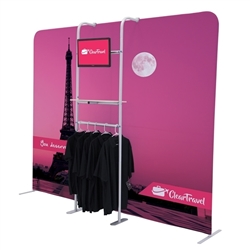 2.5ft x 7ft EuroFit Cascade Hanger Merchandiser Add-On. This Merchandiser kit Add-On adds a monitor, a shelf and an apparel rack to a EuroFit Wall.