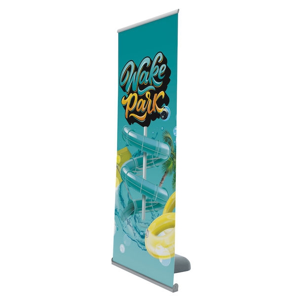 3ft x 7ft Outdoor Retractor Display (Graphic & Hardware) is a great outdoor banner display solution. The durable base can be filled with sand or water for ballast and includes wheels on the bottom for moveability.