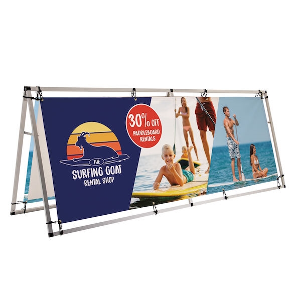 Customized 8ft Horizontal A-Frame Display Kit is decorated with your logo for branding at your next trade show event. 8ft Horizontal A-Frame Outdoor Display Kit Dramatically increase the impact and visibility of your marketing message and stand out