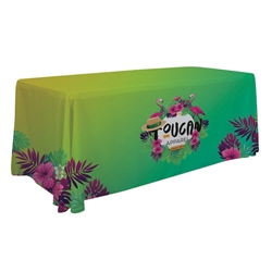 This 6ft Economy table throw offers a professional presentation at your next trade show or event.  This Draped Open Back table cover features custom printed graphics that are dye-sub printed on polyester fabric for a beautiful brand presentation. Our tabl