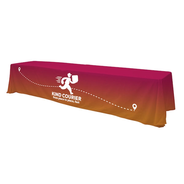 This 12ft Economy table throw offers a professional presentation at your next trade show or event.  This Draped Open Back table cover features custom printed graphics that are dye-sub printed on polyester fabric for a beautiful brand presentation. Our tab