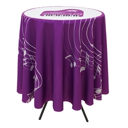 This 2.5ft x 33.25in High Round table throw offers a professional presentation at your next trade show or event.  This Draped Round table cover features custom printed graphics that are dye-sub printed on polyester fabric for a beautiful brand presentatio
