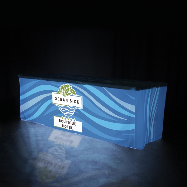 This 8ft Glo Backlit table throw offers a professional presentation at your next trade show or event.  This Fitted Four Sided table cover features custom printed graphics that are dye-sub printed on polyester fabric for a beautiful brand presentation. Ou