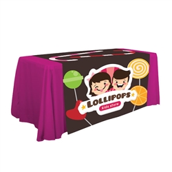 Complete your trade show or presentation with this 57in x 80in  custom dye-sub printed table runner.   All of our custom tablecloths are printed with dye-sublimation to give brilliant, rich colors that command attention.