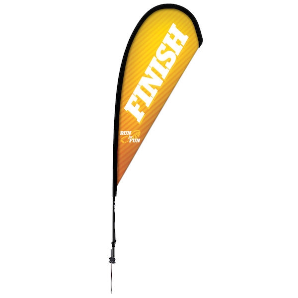 Outdoor promotional sail flags get your message noticed!  Custom printed 8ft Premium Teardrop marketing flags are perfect for events, trade shows, expos, fairs and in front of retail locations.