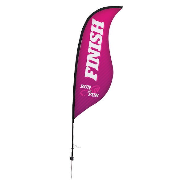 Outdoor promotional sail flags get your message noticed!  Custom printed 9ft Premium Sabre marketing flags are perfect for events, trade shows, expos, fairs and in front of retail locations.