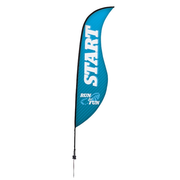 Outdoor promotional sail flags get your message noticed!  Custom printed 13ft Premium Sabre marketing flags are perfect for events, trade shows, expos, fairs and in front of retail locations.