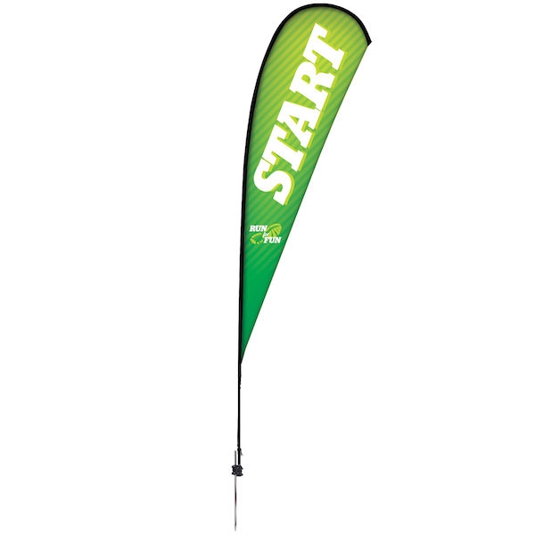 Outdoor promotional sail flags get your message noticed!  Custom printed 15ft Premium Teardrop marketing flags are perfect for events, trade shows, expos, fairs and in front of retail locations.