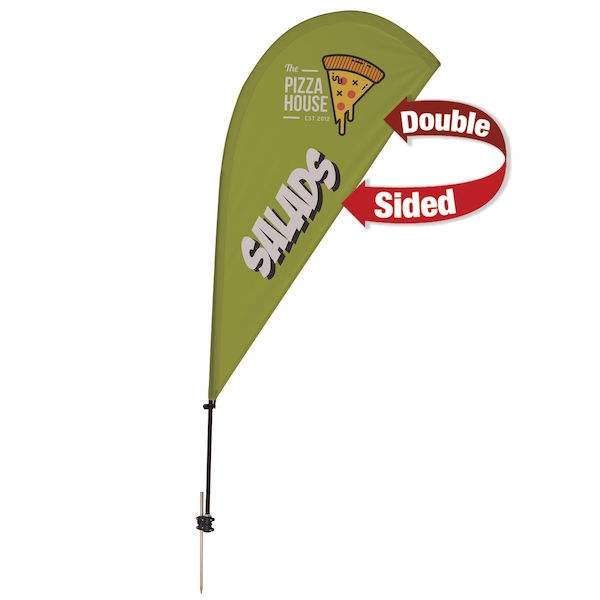 Outdoor promotional sail flags get your message noticed!  Custom printed 6.5ft Value Teardrop marketing flags are perfect for events, trade shows, expos, fairs and in front of retail locations.