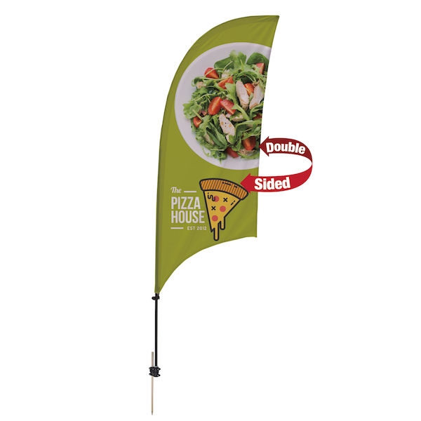 Outdoor promotional sail flags get your message noticed!  Custom printed 7.5ft Value Razor marketing flags are perfect for events, trade shows, expos, fairs and in front of retail locations.