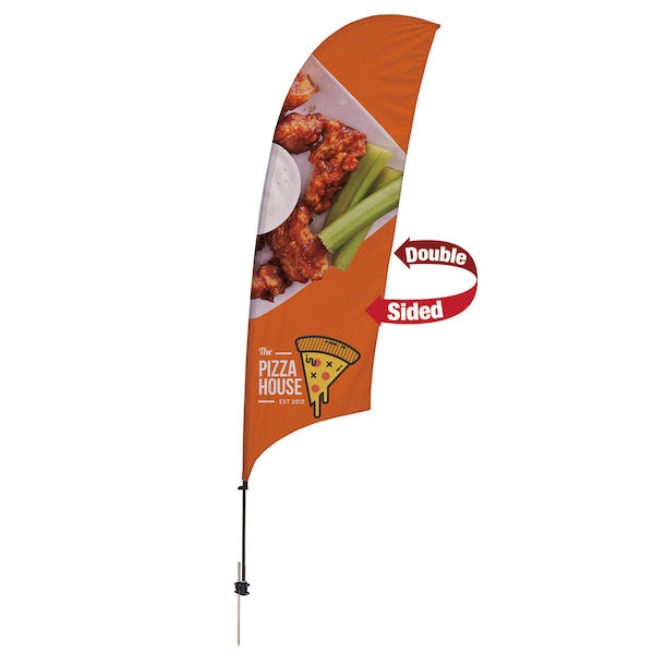 Outdoor promotional sail flags get your message noticed!  Custom printed 10.5ft Value Razor marketing flags are perfect for events, trade shows, expos, fairs and in front of retail locations.