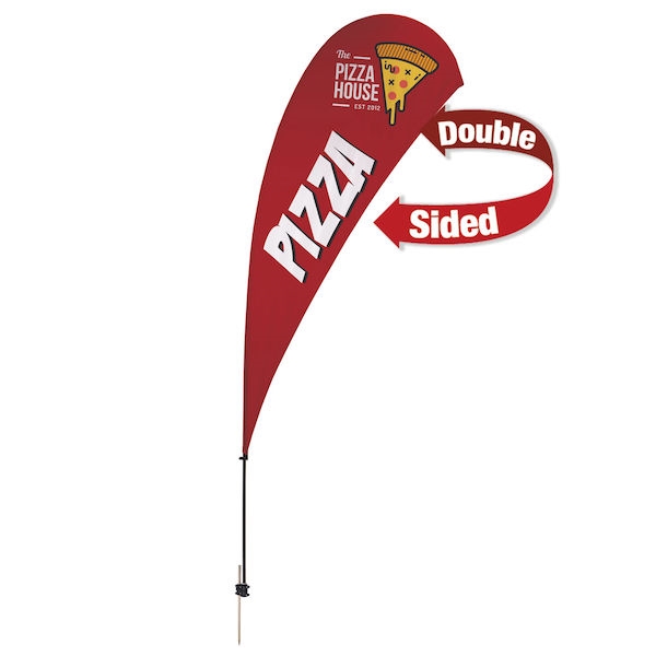 Outdoor promotional sail flags get your message noticed!  Custom printed 13ft Value Teardrop marketing flags are perfect for events, trade shows, expos, fairs and in front of retail locations.