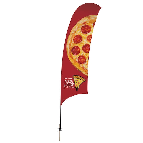 Outdoor promotional sail flags get your message noticed!  Custom printed 15ft Value Razor marketing flags are perfect for events, trade shows, expos, fairs and in front of retail locations.