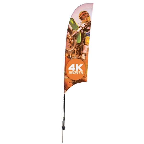 Outdoor promotional sail flags get your message noticed!  Custom printed 7ft Streamline Razor marketing flags are perfect for events, trade shows, expos, fairs and in front of retail locations.