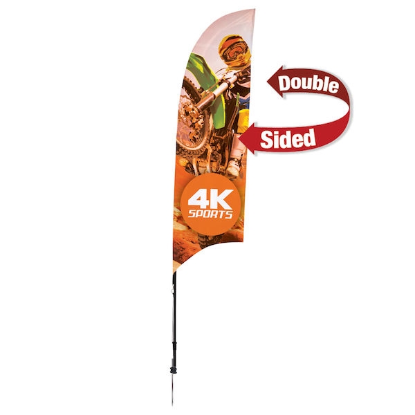 Outdoor promotional sail flags get your message noticed!  Custom printed 7ft Streamline Razor marketing flags are perfect for events, trade shows, expos, fairs and in front of retail locations.