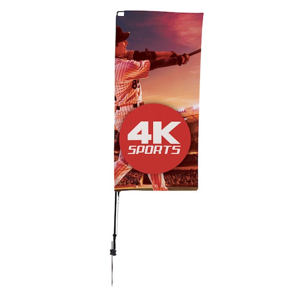 Outdoor promotional sail flags get your message noticed!  Custom printed 7ft Streamline Rectangle marketing flags are perfect for events, trade shows, expos, fairs and in front of retail locations.