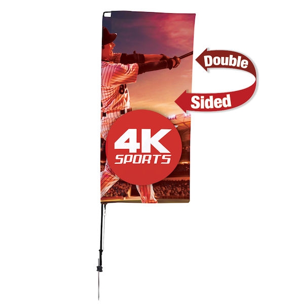 Outdoor promotional sail flags get your message noticed!  Custom printed 7ft Streamline Rectangle marketing flags are perfect for events, trade shows, expos, fairs and in front of retail locations.