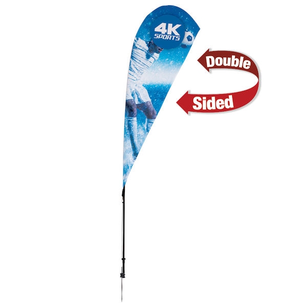 Outdoor promotional sail flags get your message noticed!  Custom printed 8ft Streamline Teardrop marketing flags are perfect for events, trade shows, expos, fairs and in front of retail locations.