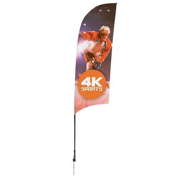 Outdoor promotional sail flags get your message noticed!  Custom printed 9ft Streamline Razor marketing flags are perfect for events, trade shows, expos, fairs and in front of retail locations.