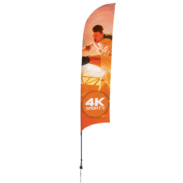 Outdoor promotional sail flags get your message noticed!  Custom printed 13ft Streamline Razor marketing flags are perfect for events, trade shows, expos, fairs and in front of retail locations.