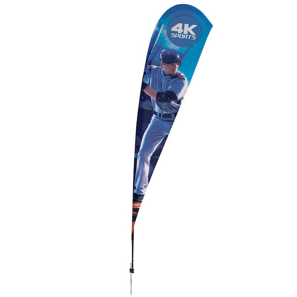 Outdoor promotional sail flags get your message noticed!  Custom printed 15ft Streamline Teardrop marketing flags are perfect for events, trade shows, expos, fairs and in front of retail locations.