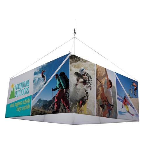 8ft Square EuroFit Fabric Hanging Banner Kit. 8ft EuroFit Square Banner Kit is the model of international design. Hanging sign, tradeshow graphic is available in 3 different designs: triangle, square, and round. Your message is viewable 360-degrees