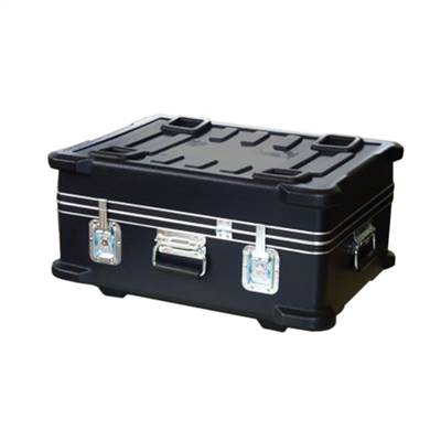 929 Shippable Rugged Transit Case, Molded polyethylene construction, Protruding corners protect hardware, Aluminum tongue-and-groove closure with gasket, Recessed turn fasteners, Padlockable, Steel rubber grip spring-loaded handle, Full length hinge, Mold