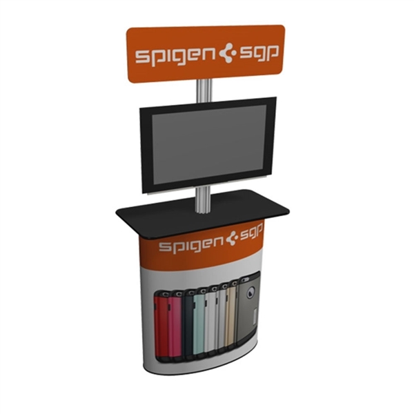 Solo Pronto Post Counter w/ 32in Screen Mount and Full Graphic Wrap w/o Header Graphic  will serve perfectly as a workstation and mount for your monitor at your next trade show or retail display.  The header sign will serve as a great marketing tool.