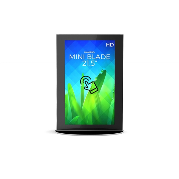 21.5in Makitso Black Mini Blade Touch Screen Digital Signage Vertical Mode. Eliminate the need for printing new banners and will provide a strong and elegant presence at your trade show, retail, corporate locations as well as high traffic areas airports,