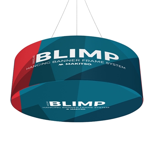 10ft x42in MAKITSO Blimp Round Hanging Tension Fabric Banner with Printed Bottom. It is easy for trade show booths to get lost in the crowd. Create excitement and make your booth more visible by displaying our custom Ceiling Hanging Banner