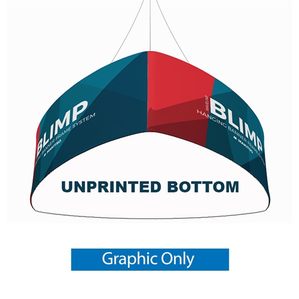 12ft x 36in MAKITSO Blimp Curved TRIO (Triangle) Hanging Tension Fabric Banner Graphic with Blank Bottom Only. This overhead signage features curved triangle shape, lightweight aluminum frame, high quality fabric graphic and fast shipping