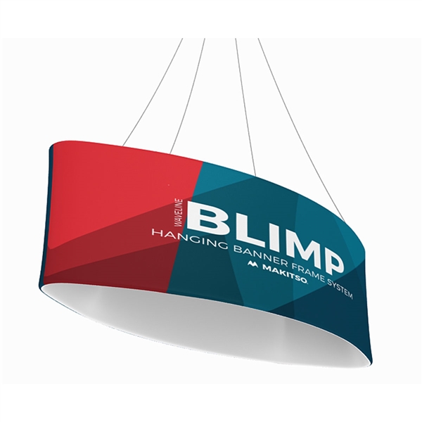 12ft x 42in MAKITSO Blimp Ellipse Hanging Tension Fabric Banner Single Sided. Hanging Banner Displays: high-quality print graphic, lightweight aluminum frame, largest variety of Ellipse Hanging signs for trade shows.