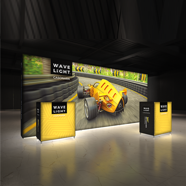 Breathe new light into your exhibit or retail space with Wavelight Casonara Light Box displays! These backlit trade show walls feature vibrant tension fabric graphics, illuminated from the inside out for max booth visibility. This double-sided 20ft x 8ft