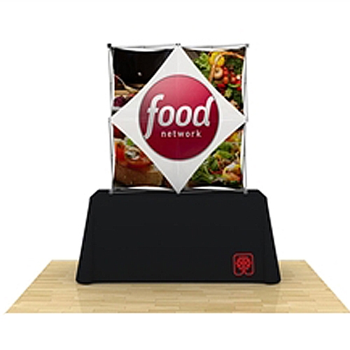 60in x 60in 3D Snap 2x2 Fabric Table Top pop up display in the perfect tabletop size. Interchangeable, dye-sublimated fabric banners create an unlimited number of looks with one tabletop display. Xpressions SNAP displays grab attention.