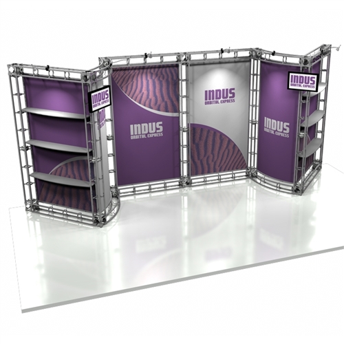 10ft x 20ft Indus Orbital Express Trade Show Truss Display with Rollable Graphics is a complete truss exhibit, professionally designed to fit a 10ft × 20ft trade show booth space. Orbital truss displays are most popular trade show displays
