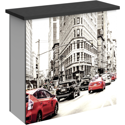 Hybrid Pro Modular Counter 03 is a stylish counter solution for any exhibit, featuring accessible storage with locking doors, choice of opaque or backlit push-fit fabric graphics and top laminated accent panel cover.