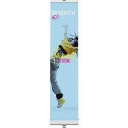 15.75in Mosquito 400 Silver Retractable Banner Stand with Vinyl Banner. Mosquito Retractable Banner Stand Displays, also known as roll up exhibit displays, are ideal for trade show displays and retail environments. Advertising that stands up and stands ou