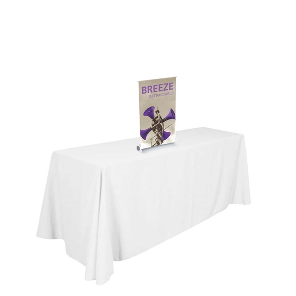 11in x 17in Breeze 2 Retractable Tabletop Stand Display with Vinyl Banner - a small tabletop-sized version of larger roll-up signs. Ideal for retail store point of purchase counter tops, convention tables, or just about anywhere you want a sign