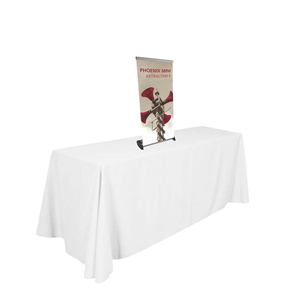 16in x 32in Phoenix Mini Retractable Tabletop Stand Display with Vinyl Banner - a small tabletop-sized version of larger roll-up signs. Ideal for retail store point of purchase counter tops, convention tables, or just about anywhere you want a sign