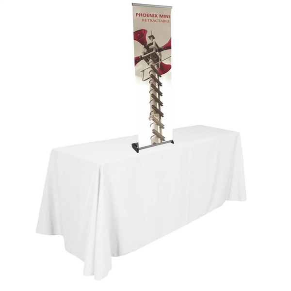 16in x 63in Phoenix Mini Fabric Banner Retracor Tabletop Banner Stand - a small tabletop-sized version of larger roll-up signs. View a wide variety of portable tabletop banner stands to use at your trade shows, events and conferences