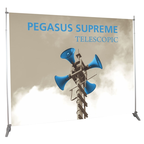 10ft x 8ft Pegasus Supreme Telescopic Black Banner Stand with Fabric Banner  are one of the most universal promotional displays used throughout trade show or events. Pegasus Supreme and Pegasus Standard Banner Stand are best Backwall Display.