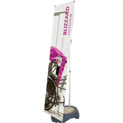 23.5in x 80in Printed Banner for Blizzard BannerStand. Blizzard Outdoor Banner Display is adjustable in both width and height to allow multiple graphic sizes, and has a large base that can be filled with either water or sand.