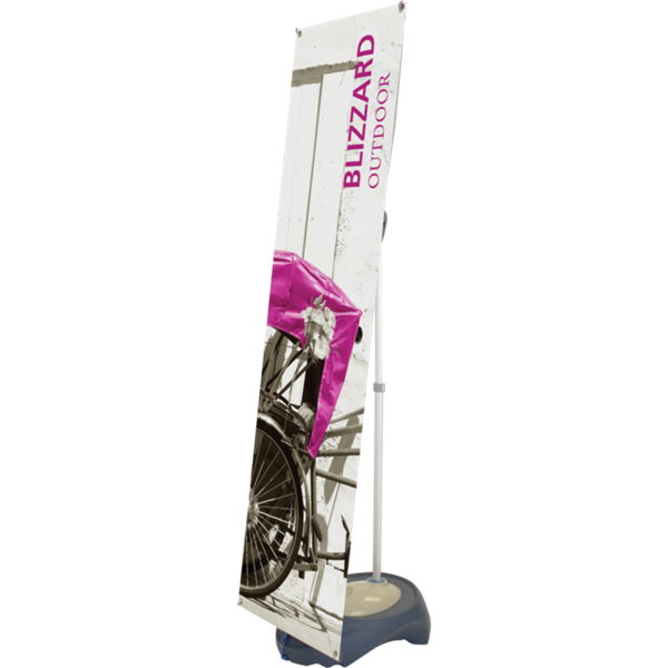 23.5in x 80in Printed Banner for Blizzard BannerStand. Blizzard Outdoor Banner Display is adjustable in both width and height to allow multiple graphic sizes, and has a large base that can be filled with either water or sand.