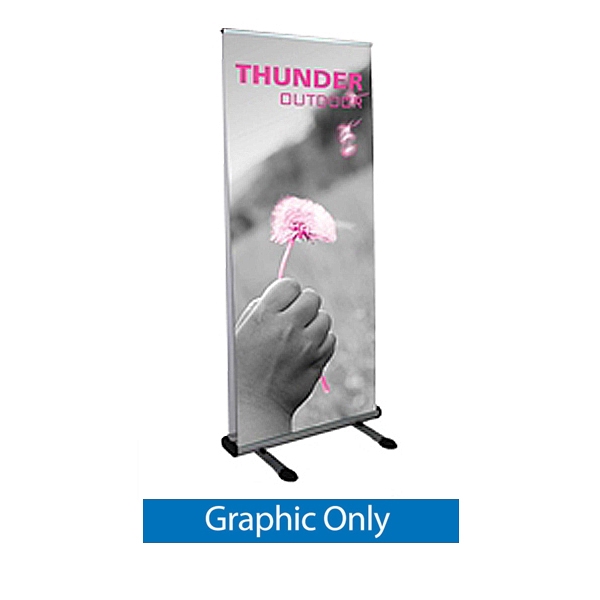 Imprinted Banner for Thunder Double Sided Outdoor Banner Stand. Thunder  has both stability and looks. It is adjustable in both width and height to allow multiple graphic sizes, and has a large base that can be filled with either water or sand