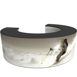 Formulate Bar counter 06 adds modern flare to any trade show exhibit, event or POP display. The curved counter pairs push-fit fabric graphics with a durable countertop and base, and provides the ideal configuration to create a display or reception counter