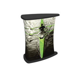 Formulate counters couple lightweight hardware with printed stretch silicone edge fabric graphics (SEG) to create funky and functional reception stands. Tables and bases are available in four colored finishes  silver, black, mahogany and natural.