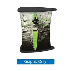 Formulate counters couple lightweight hardware with printed stretch silicone edge fabric graphics (SEG) to create funky and functional reception stands. Tables and bases are available in four colored finishes  silver, black, mahogany and natural.