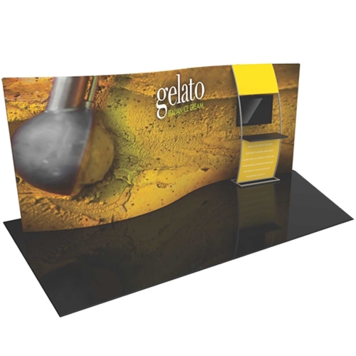Orbus Formulate 20 WSC2 20ft Serpentine Double Sided Curved Fabric Display Kit with stand-off large monitor mount and shelf ladder offers a large format Single Sided graphic area to get you noticed at your trade show! High-impact, lightweight exhibit